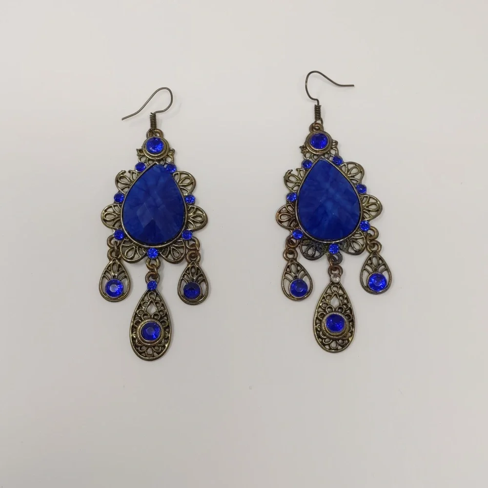 Colbalt Blue Dangle Earrings Filagree Ornate Boho Romantic